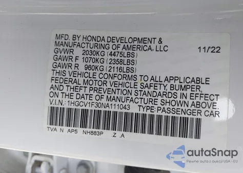 2022 Honda Accord Sport from USA, damaged, VIN 1HGCV1F30NA111043